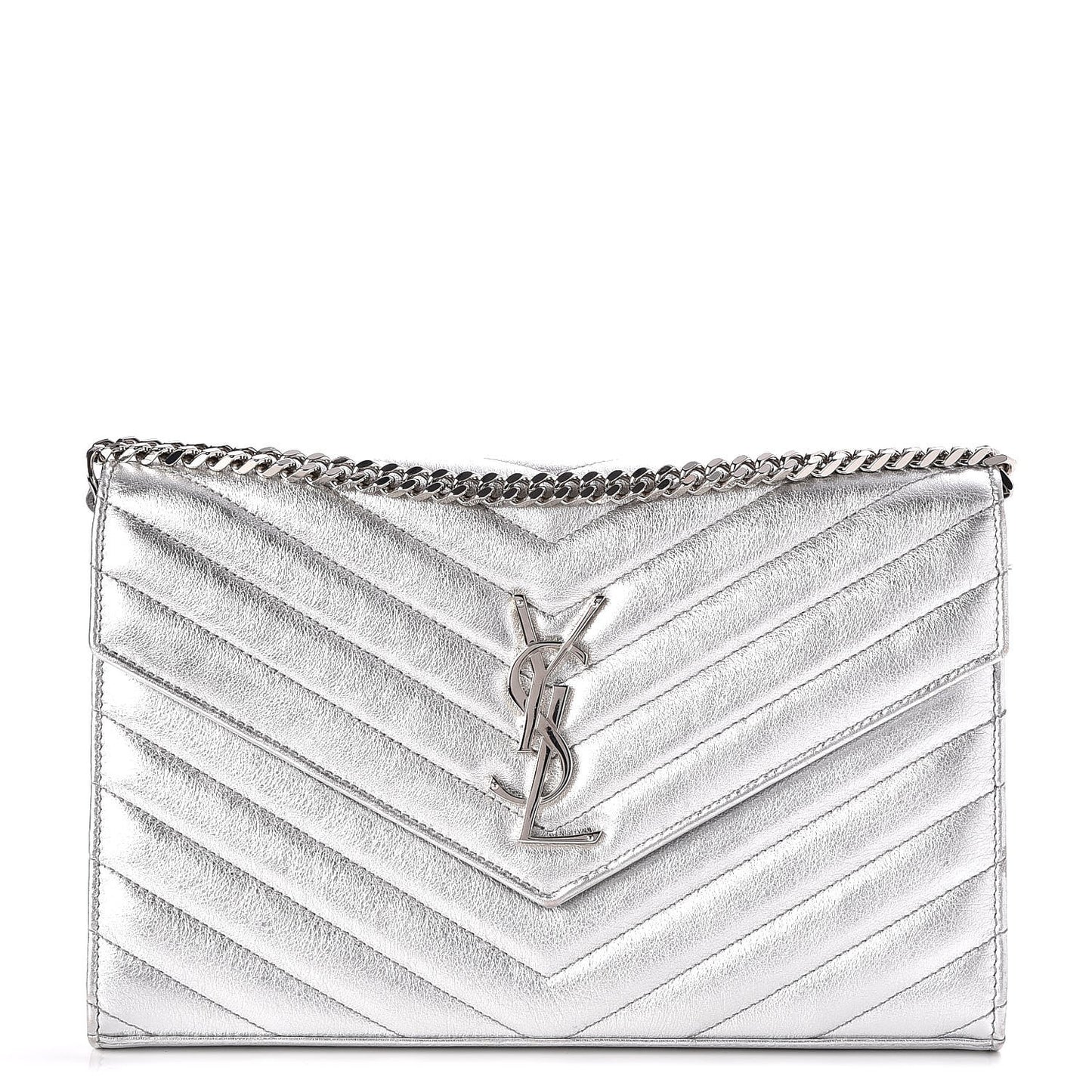 Metallic Lambskin Matelasse Chevron Monogram Chain Wallet Argento