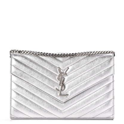 Saint Laurent Metallic Lambskin Matelasse Chevron Monogram Chain Wallet Argento 1 of 8