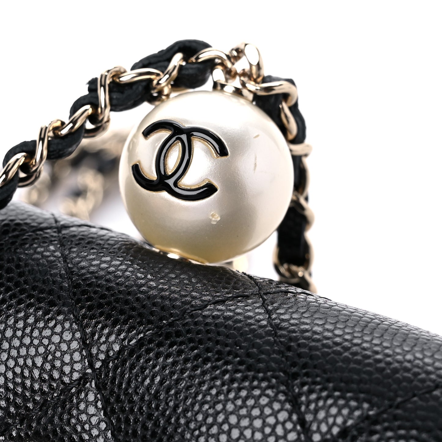 Caviar Quilted Mini Pearl On Top Coin Purse With Chain Black