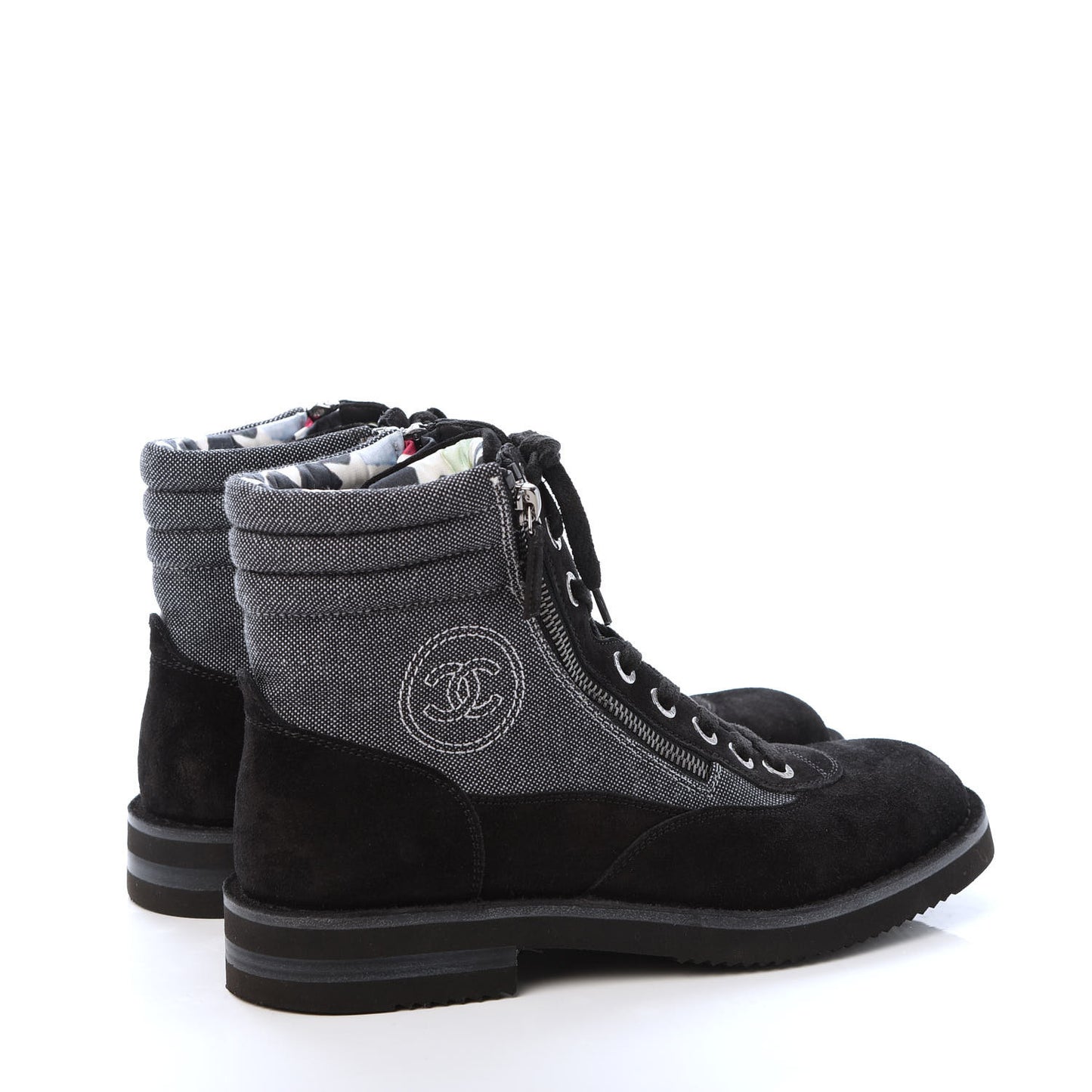 Toile Suede Calfskin CC Lace Up Short Boots 41 Dark Grey