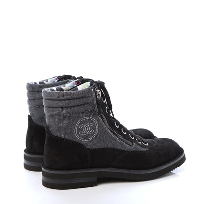 Chanel Toile Suede Calfskin CC Lace Up Short Boots 41 Dark Grey 4 of 9