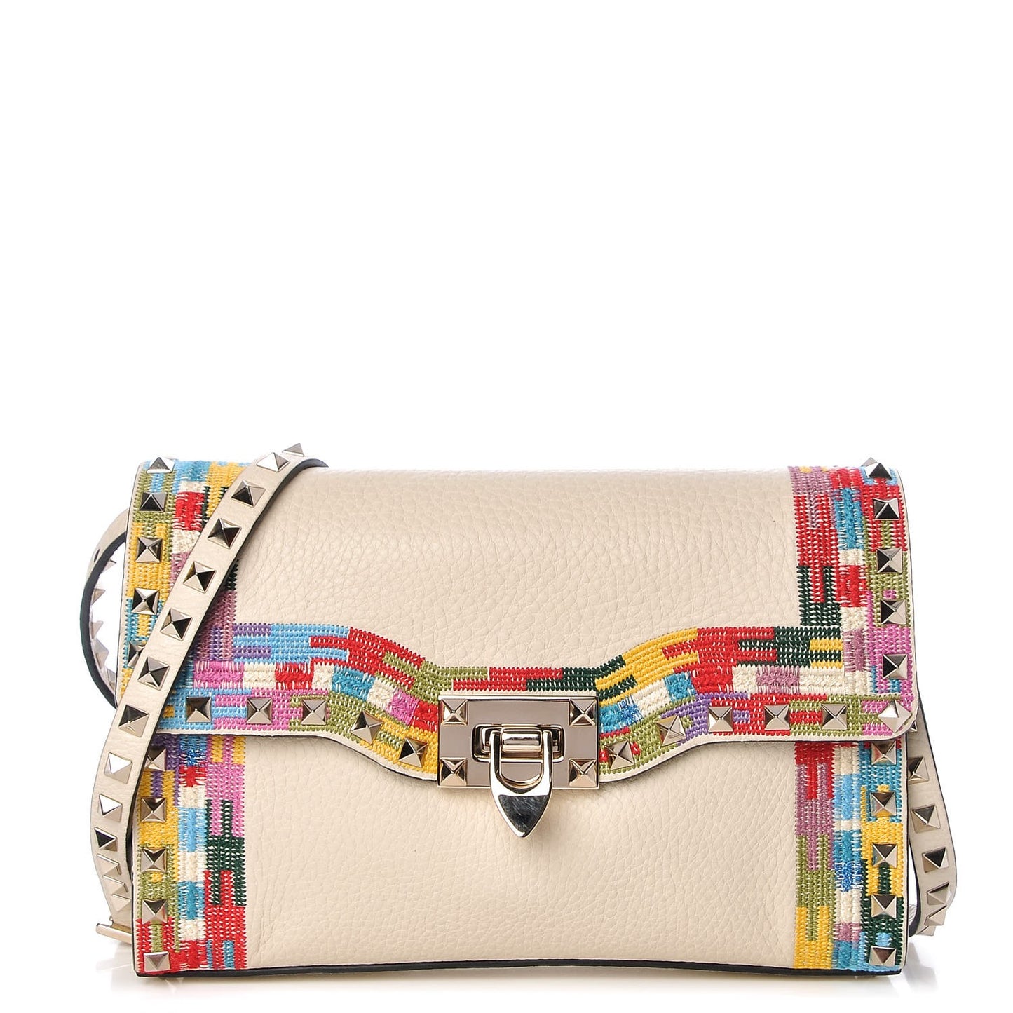 Pebbled Calfskin Embroidered Medium Rockstud Flip Lock Crossbody Bag Ivory
