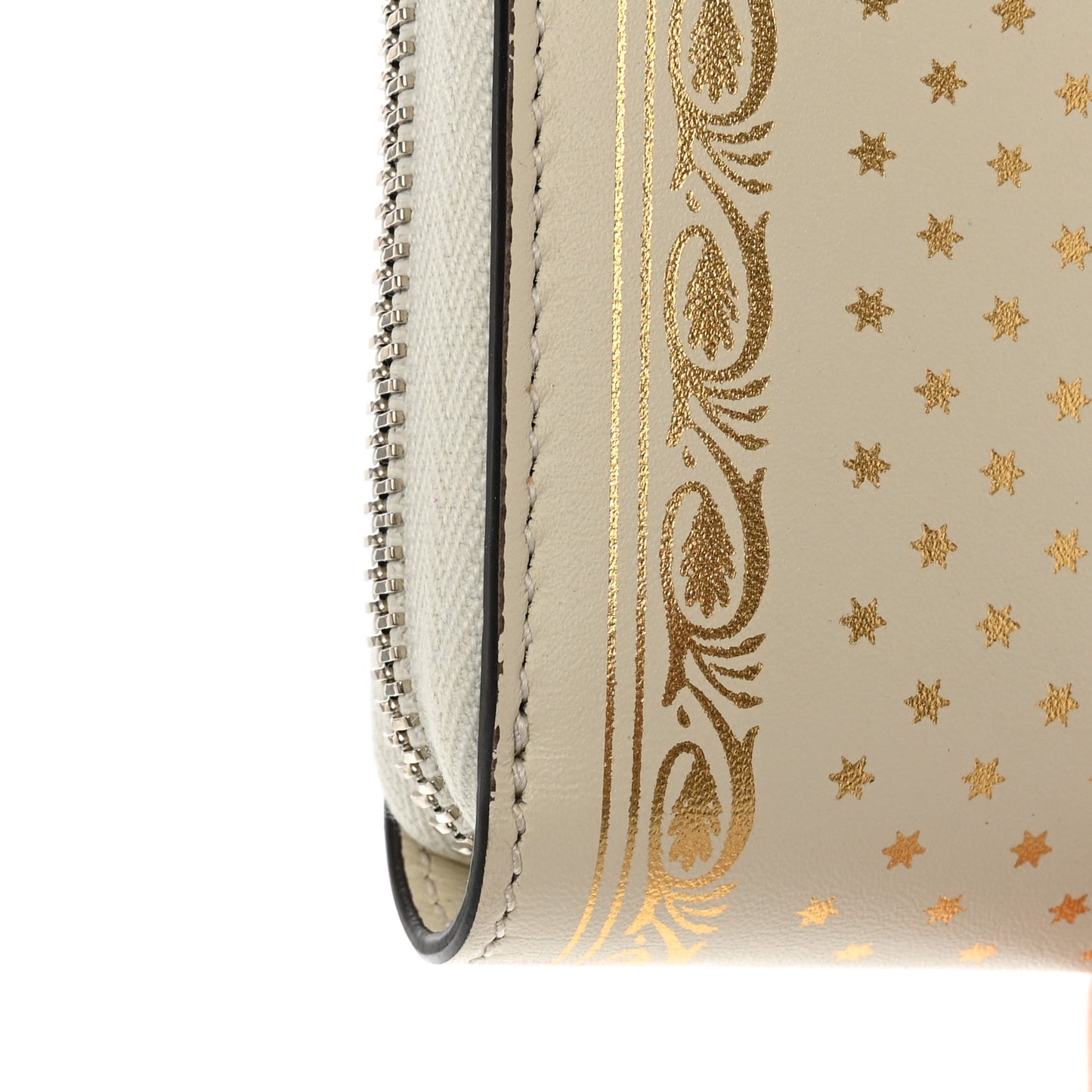 X SEGA Calfskin GUCCY Stars Zip Around Wallet Mystic White Gold