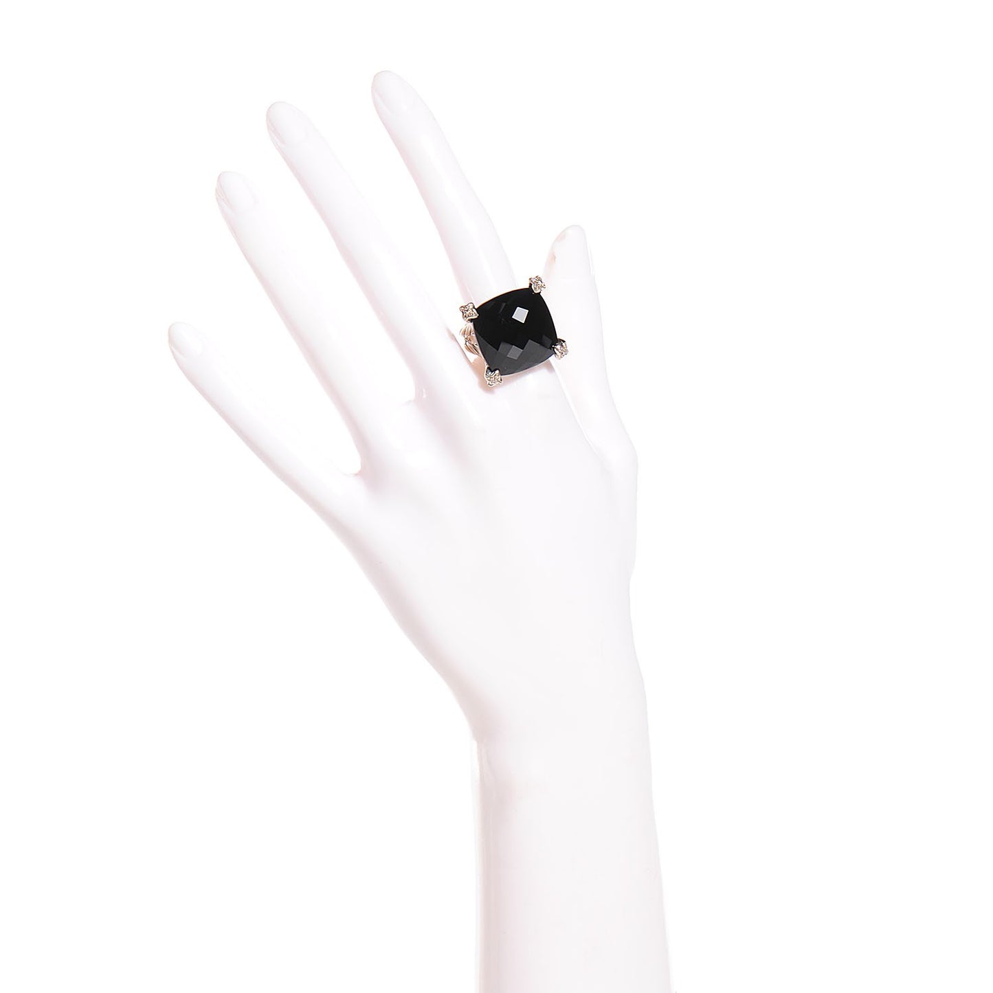 Sterling Silver Black Onyx Pave Diamond 20mm Cushion On Point Ring 7