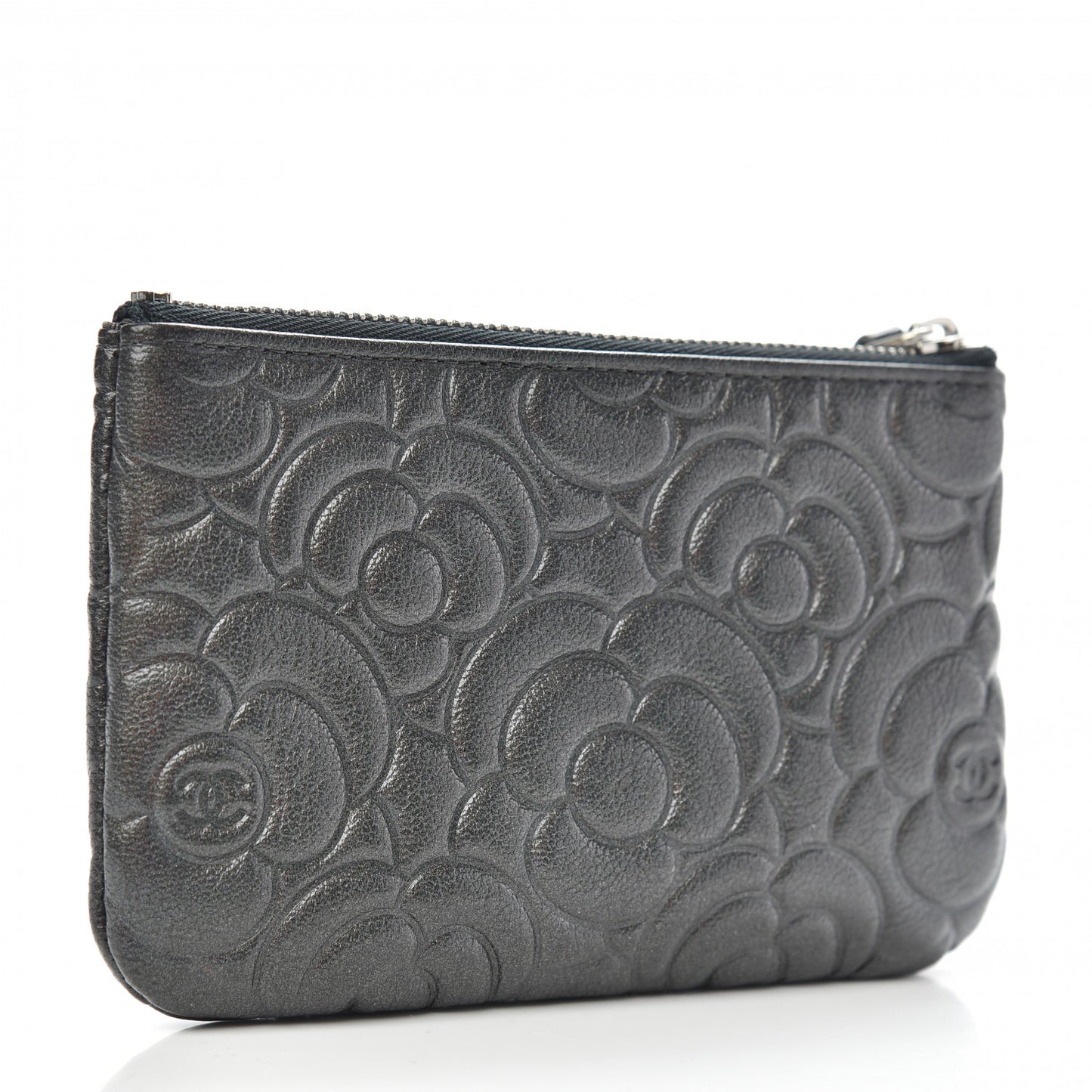 Goatskin Camellia Embossed Cosmetic Pouch Anthracite