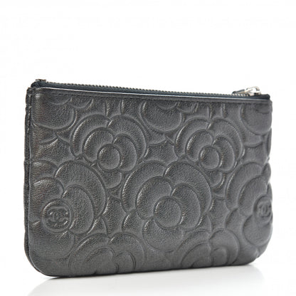 Chanel Goatskin Camellia Embossed Cosmetic Pouch Anthracite 3 of 8