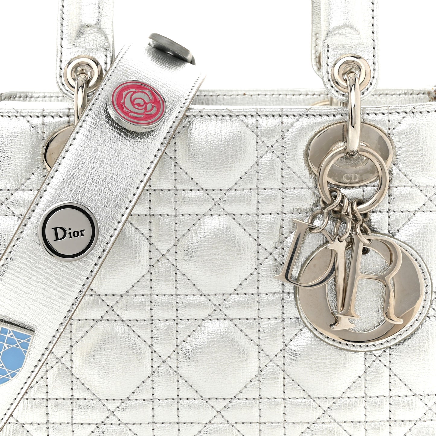 Metallic Grained Calfskin Cannage Small Lucky Badges My Lady Dior Silver