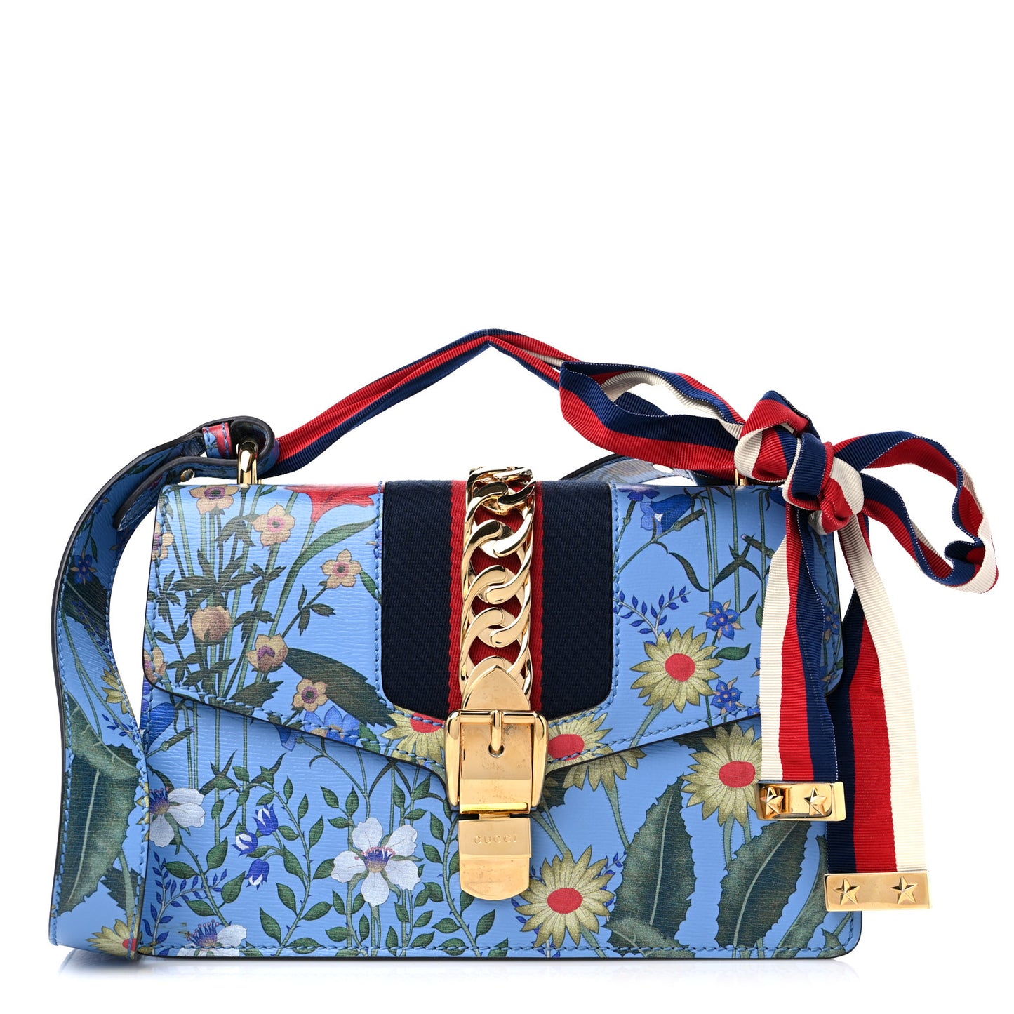 Shangai Calfskin Web New Flora Small Sylvie Shoulder Bag Azure