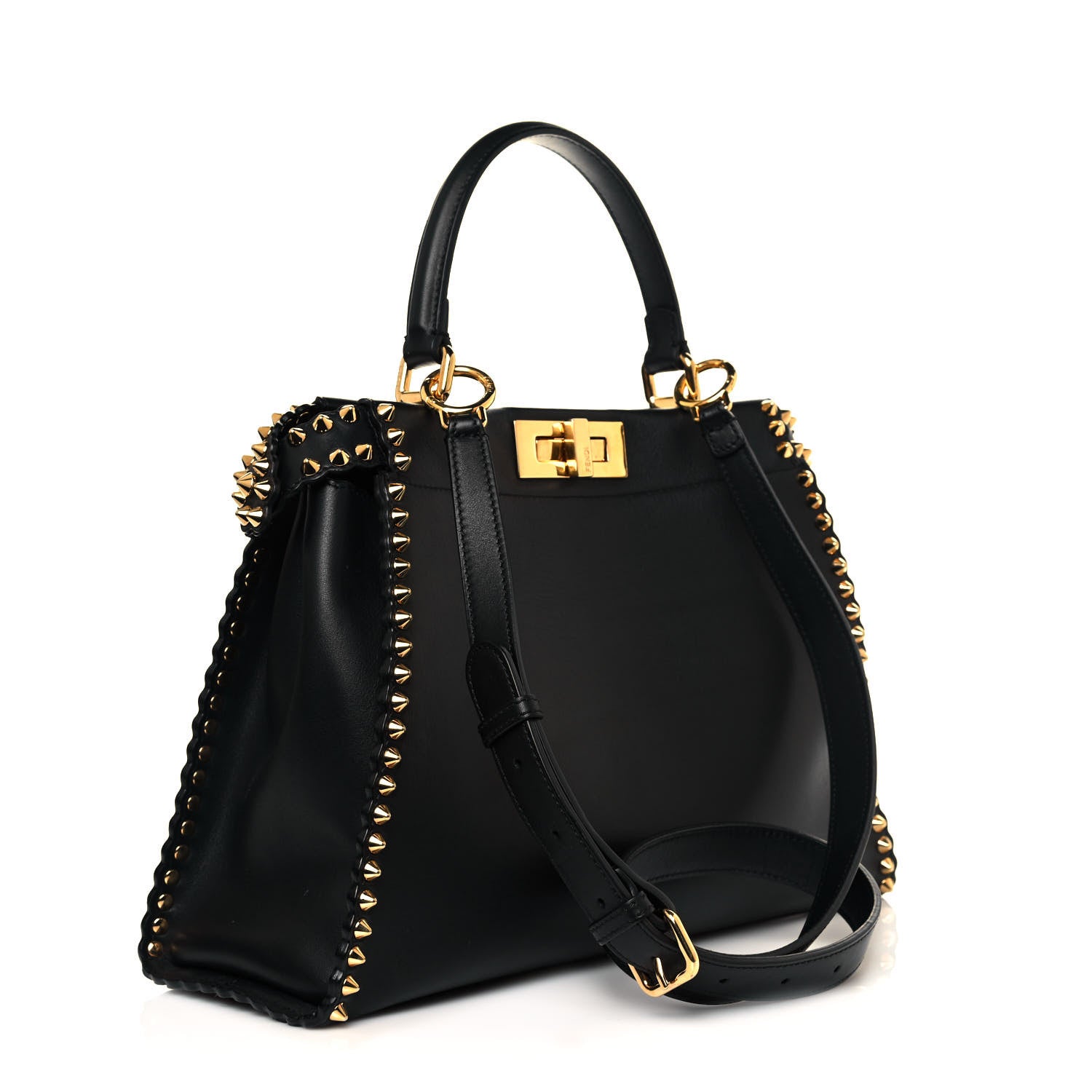 Fendi Vitello Seta Shiny Nappa Scalloped Studded Medium Peekaboo Iconic Satchel Black 6 of 17