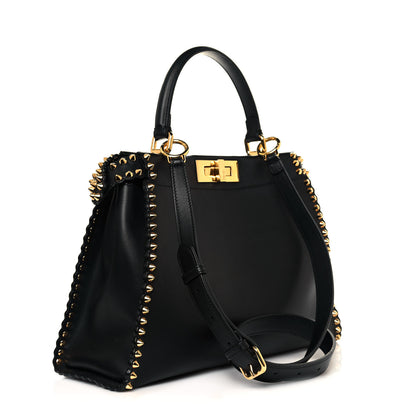 Fendi Vitello Seta Shiny Nappa Scalloped Studded Medium Peekaboo Iconic Satchel Black 6 of 17