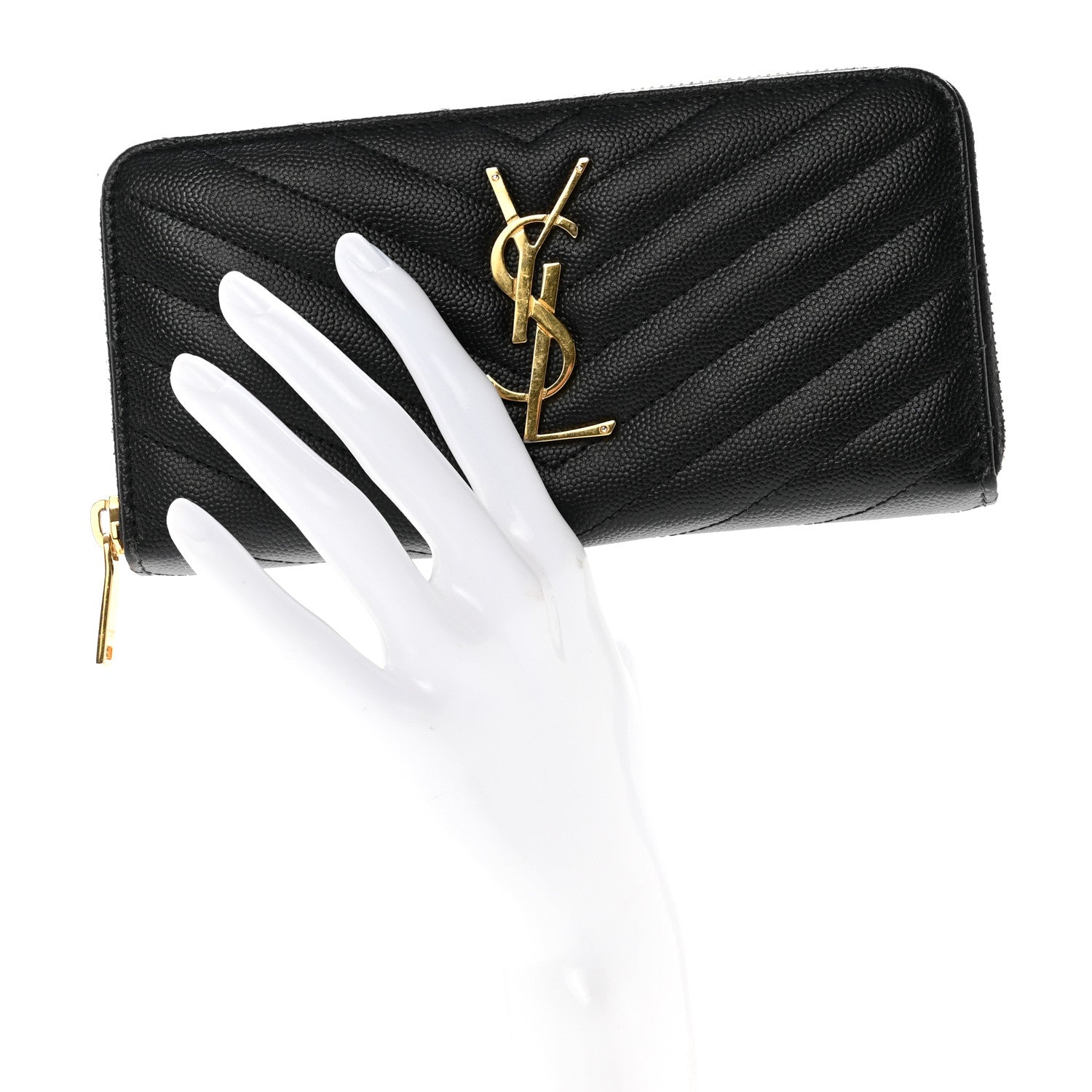 Saint Laurent Grain De Poudre Matelasse Chevron Monogram Zip Around Wallet Black 2 of 9