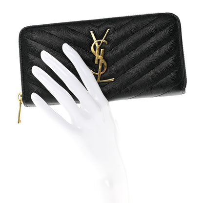 Saint Laurent Grain De Poudre Matelasse Chevron Monogram Zip Around Wallet Black 2 of 9