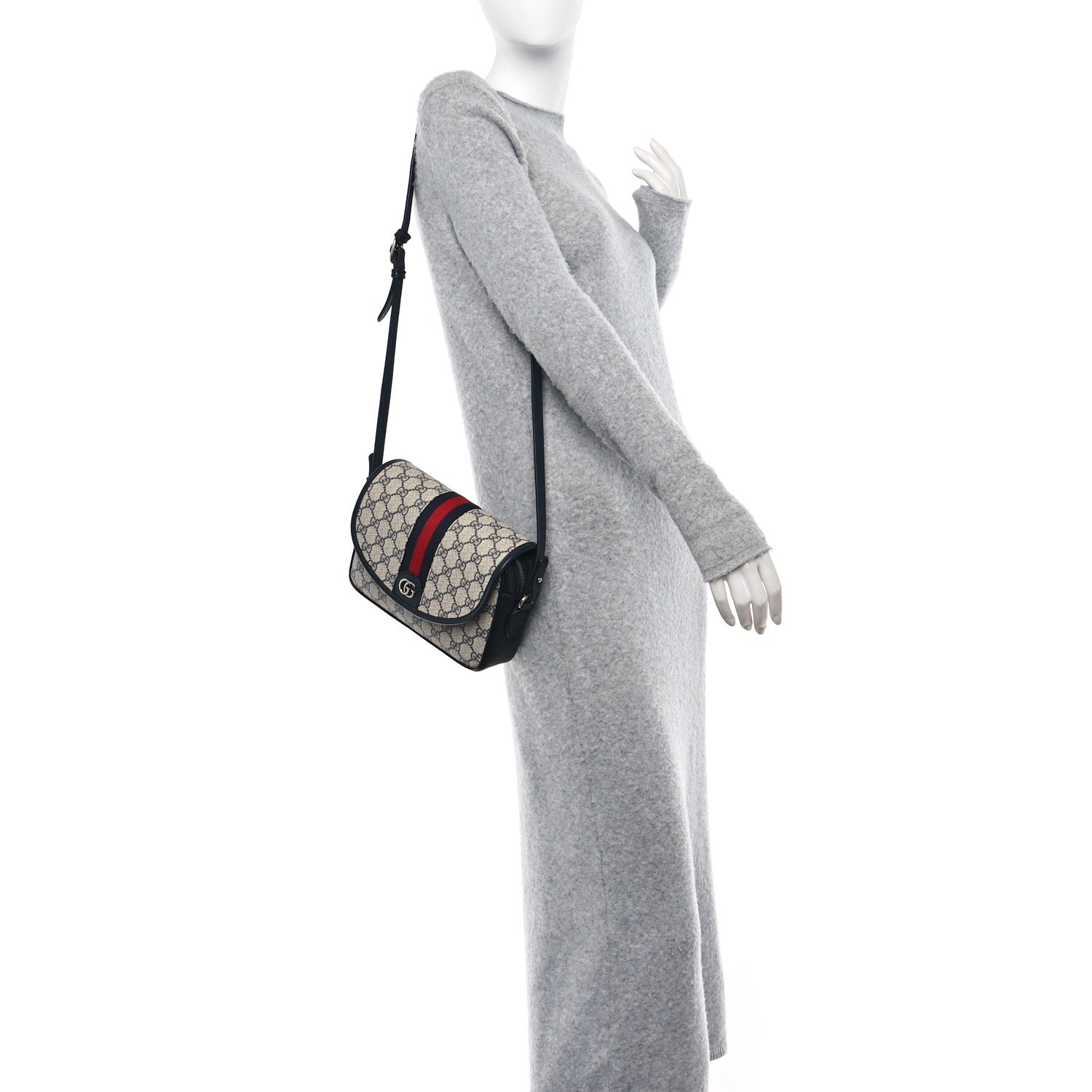 Gucci GG Supreme Monogram Textured Dollar Calfskin Web Studded Mini Ophidia Flap Shoulder Bag Beige Blue 2 of 10