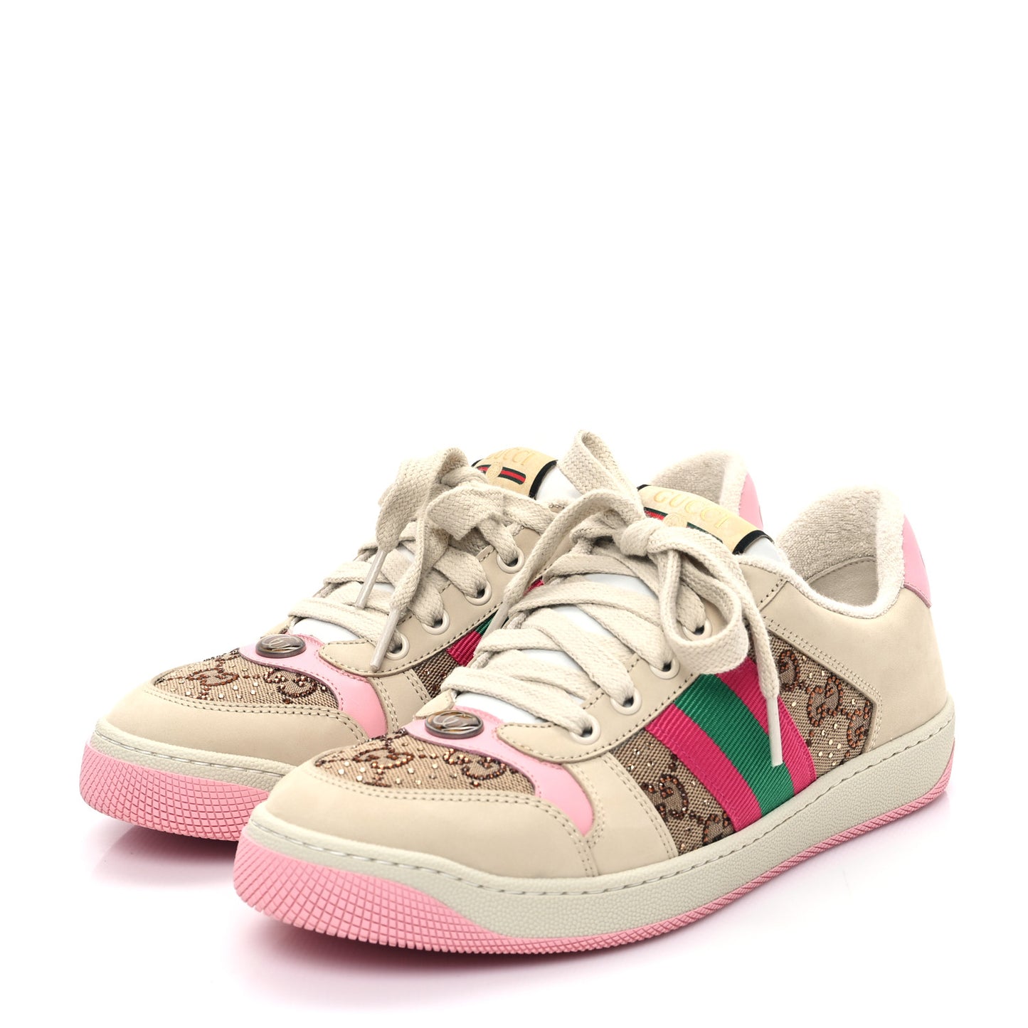 Calfskin GG Supreme Crystals Web Screener Sneakers 38 Beige Ebony Wild Rose