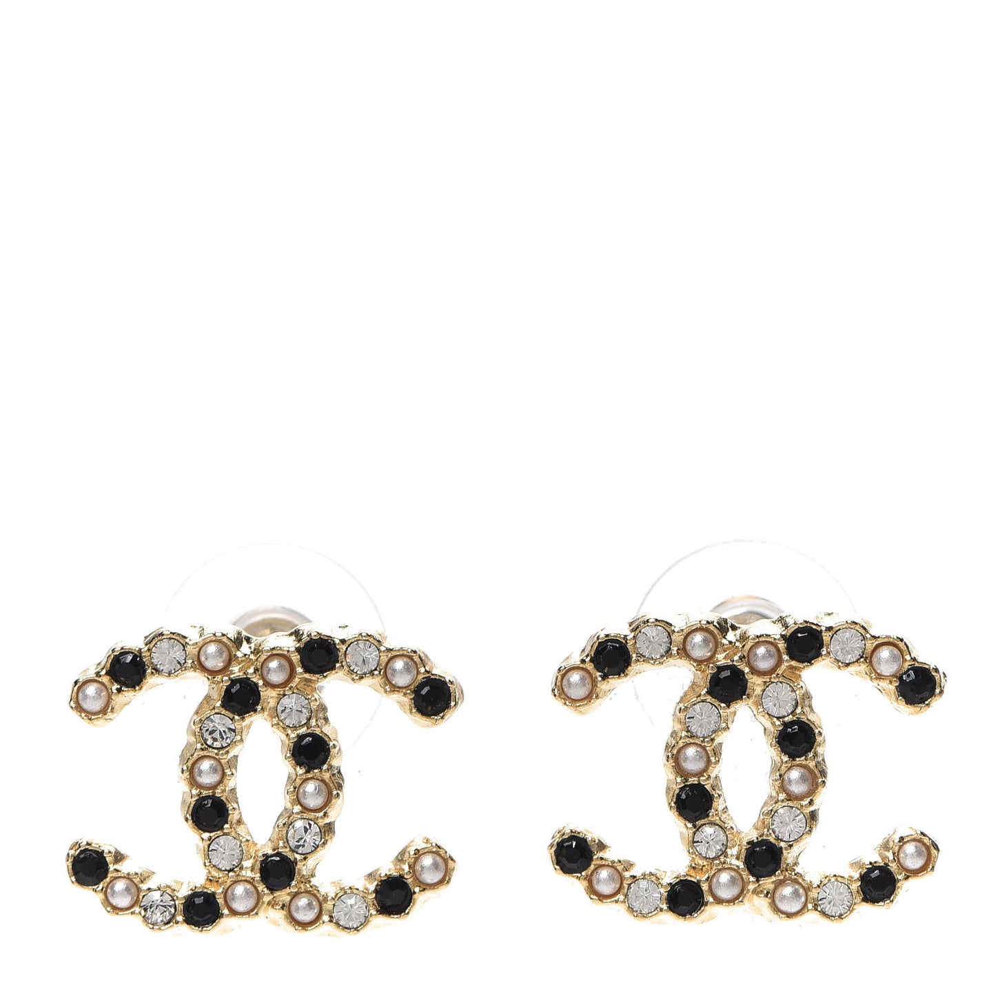 Resin Pearl Crystal CC Earrings Gold Black