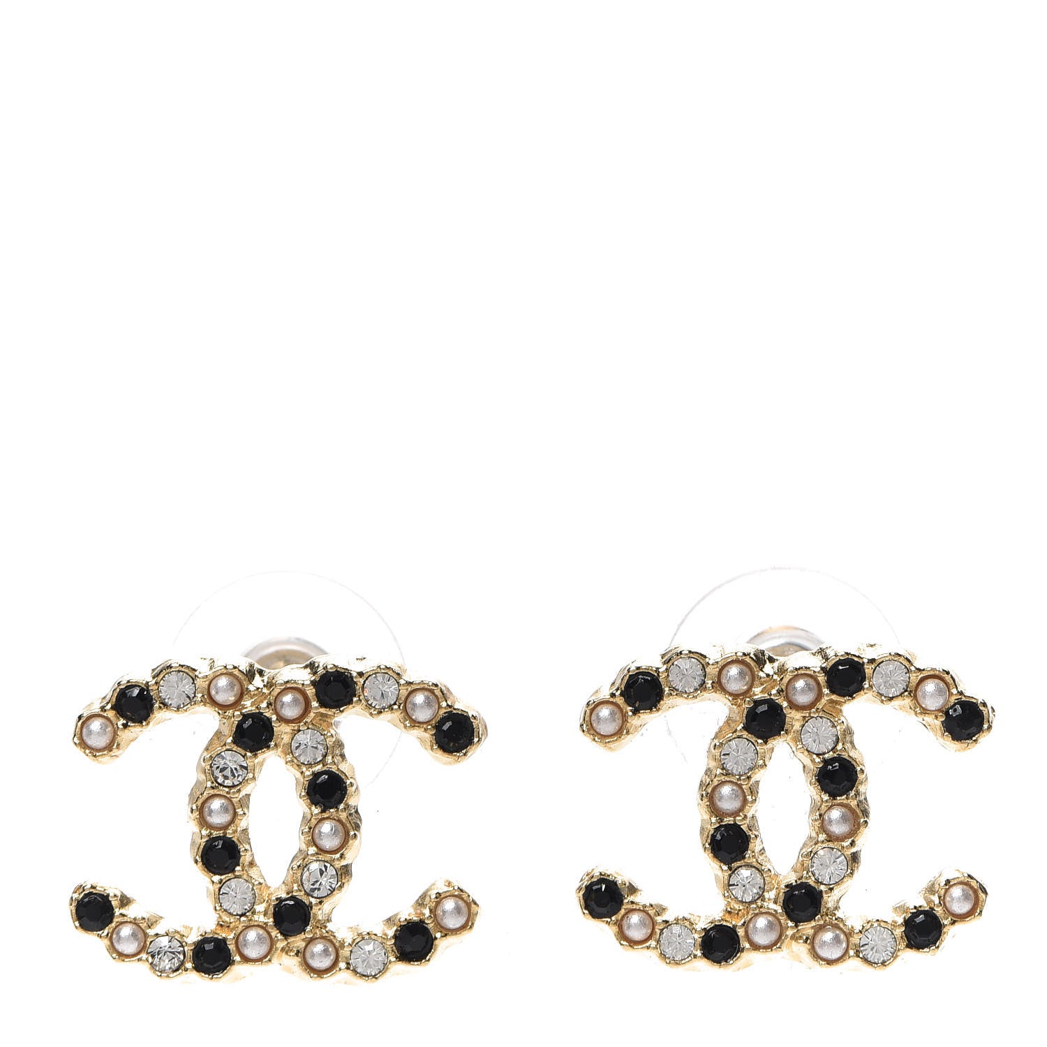 Chanel Resin Pearl Crystal CC Earrings Gold Black 1 of 5