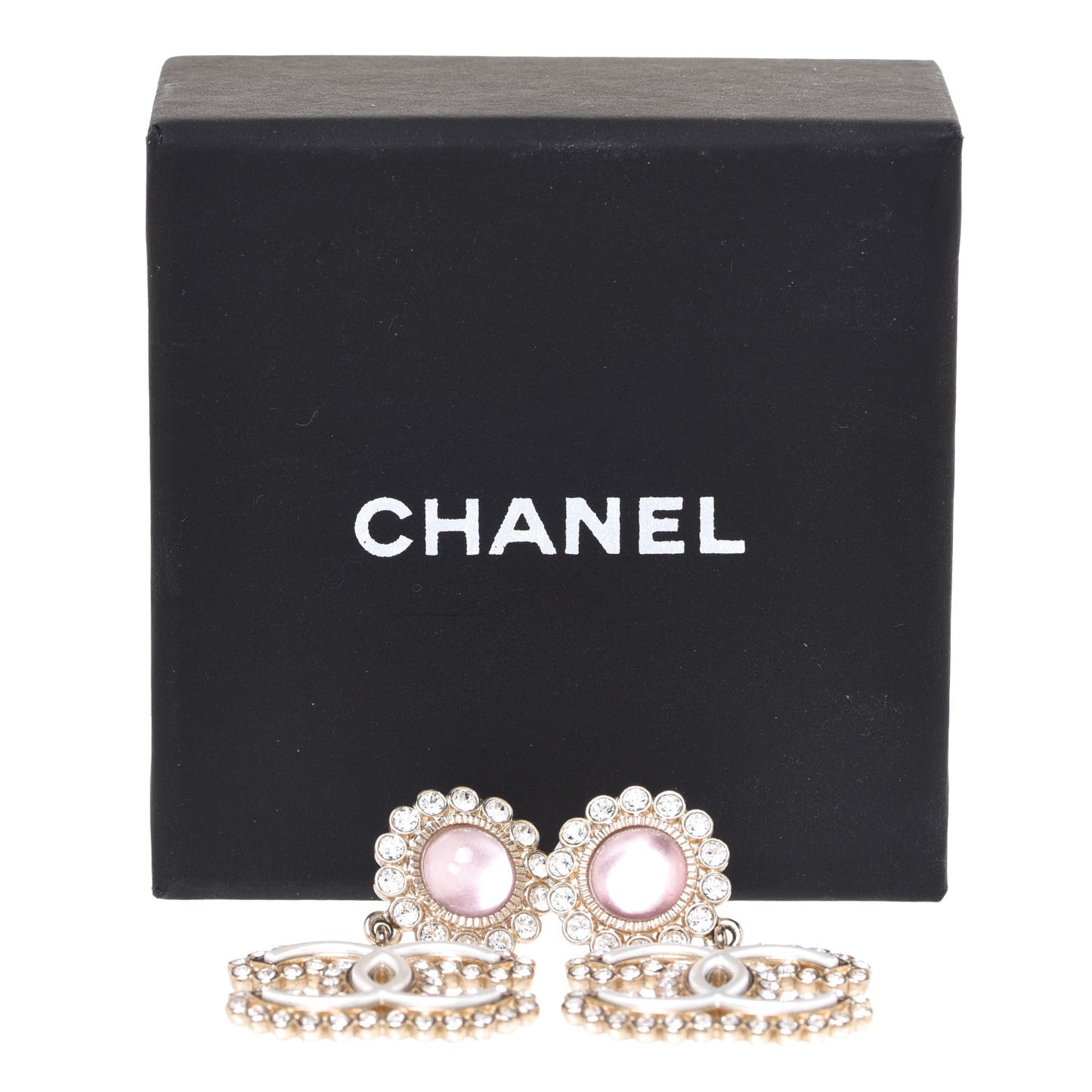 Crystal Pearl CC Drop Earrings Pink Gold