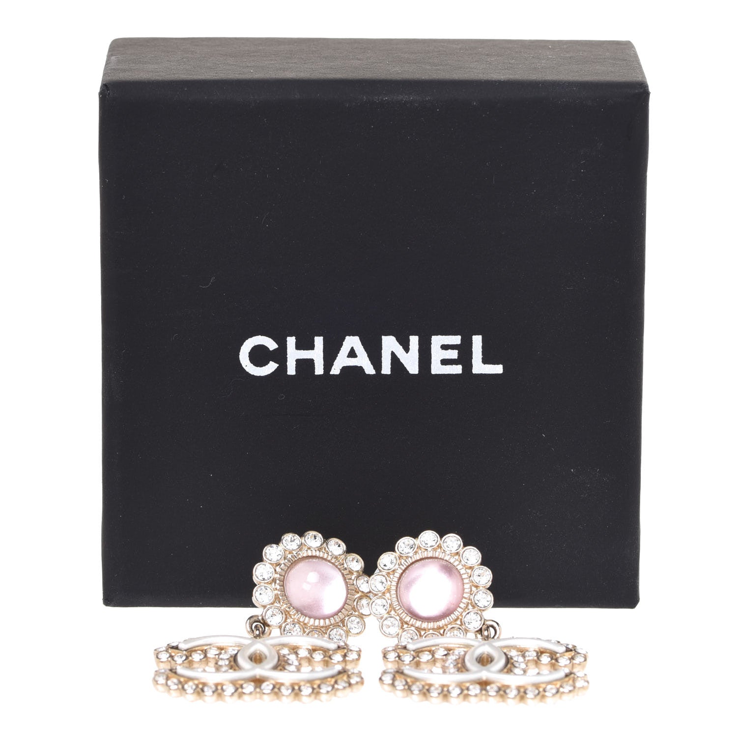 Chanel Crystal Pearl CC Drop Earrings Pink Gold 5 of 5