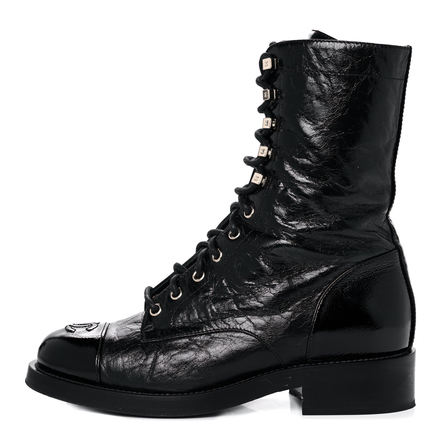 Chanel Aged Calfskin Lace Up Combat Boots 37.5 Black 1 of 9