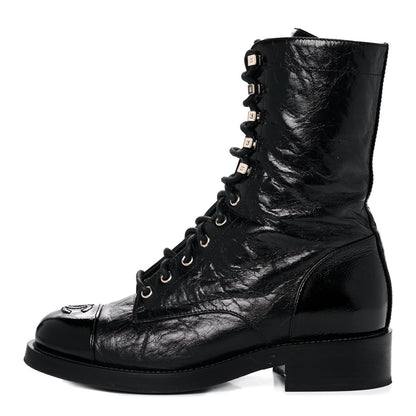 Chanel Aged Calfskin Lace Up Combat Boots 37.5 Black 1 of 9