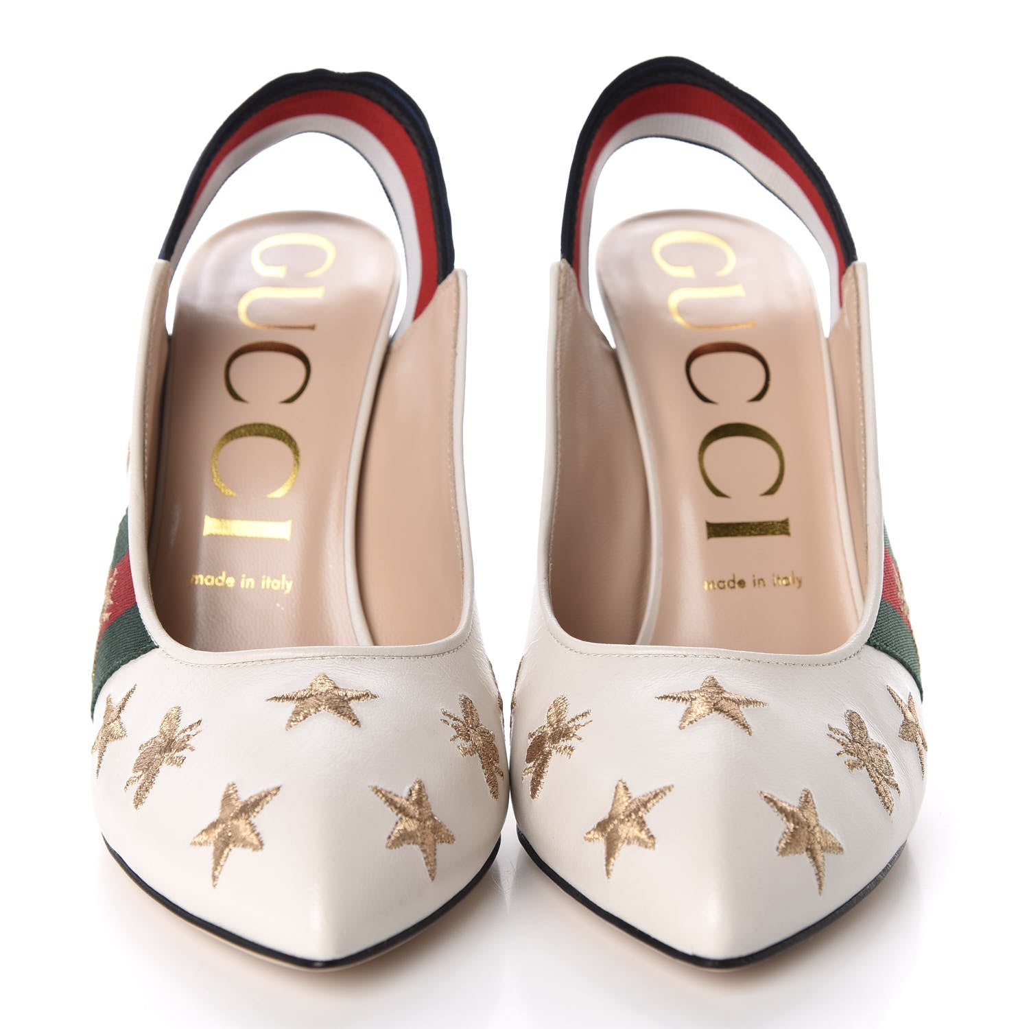 Gucci Malaga Kid Web Bee Star Embroidered Sylvie High Heel Slingback Pumps 39.5 White 2 of 10