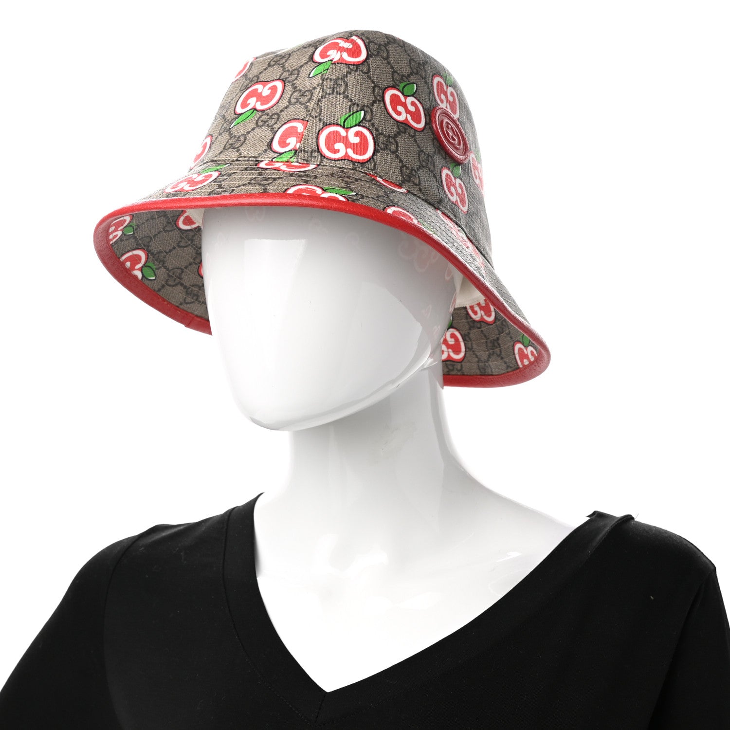 Gucci GG Supreme Monogram Apple Textured Dollar Calfskin Retro Interlocking G Fedora Pomme Bucket Hat M Beige Ebony Red 2 of 9