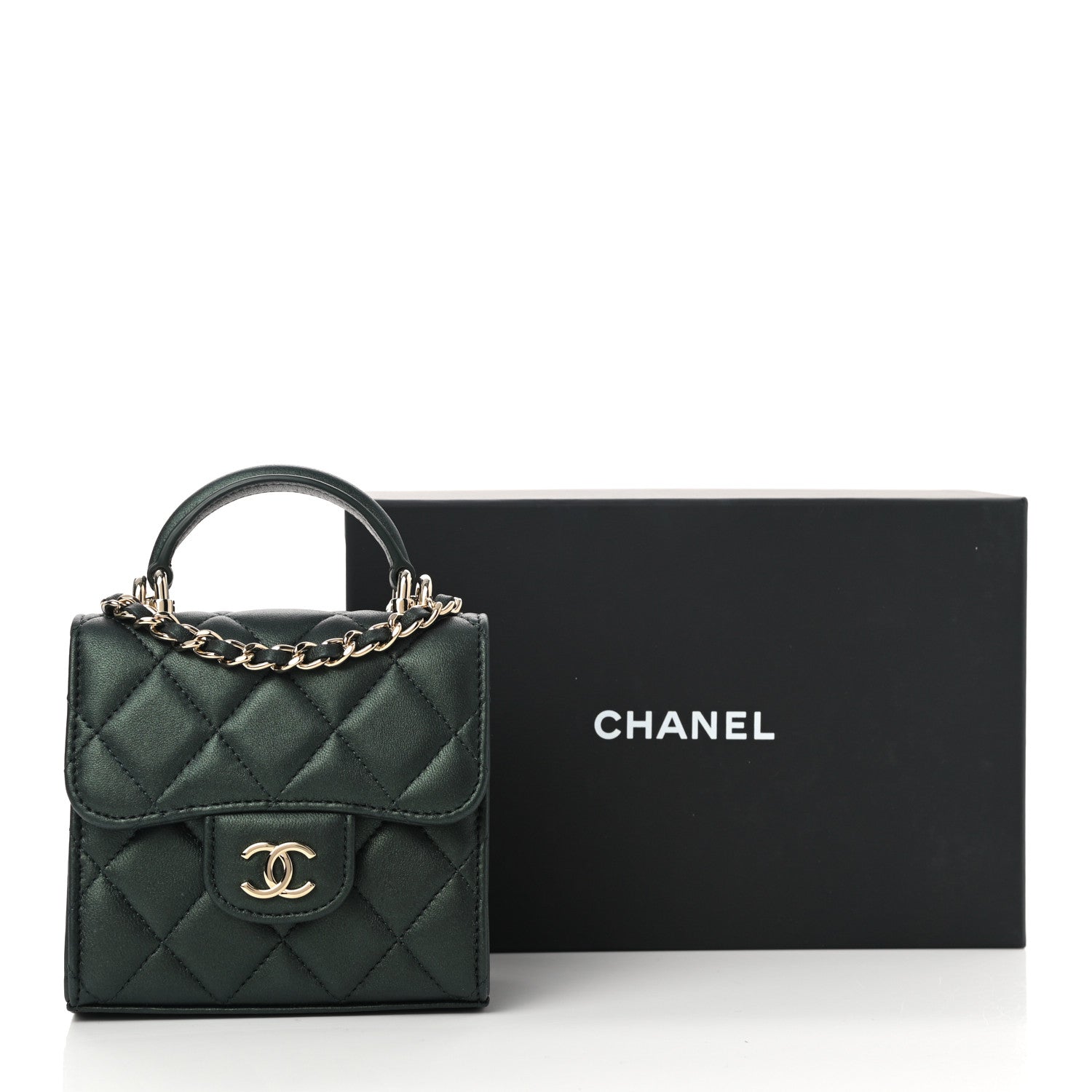 Chanel Iridescent Lambskin Quilted Top Handle Flap Clutch With Chain Dark Green 9 of 9