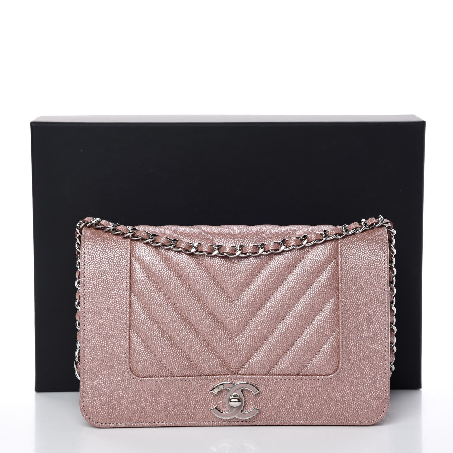Chanel Metallic Caviar Chevron Quilted Vintage Mademoiselle Wallet On Chain WOC Pink 11 of 11