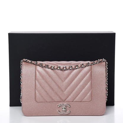 Chanel Metallic Caviar Chevron Quilted Vintage Mademoiselle Wallet On Chain WOC Pink 11 of 11
