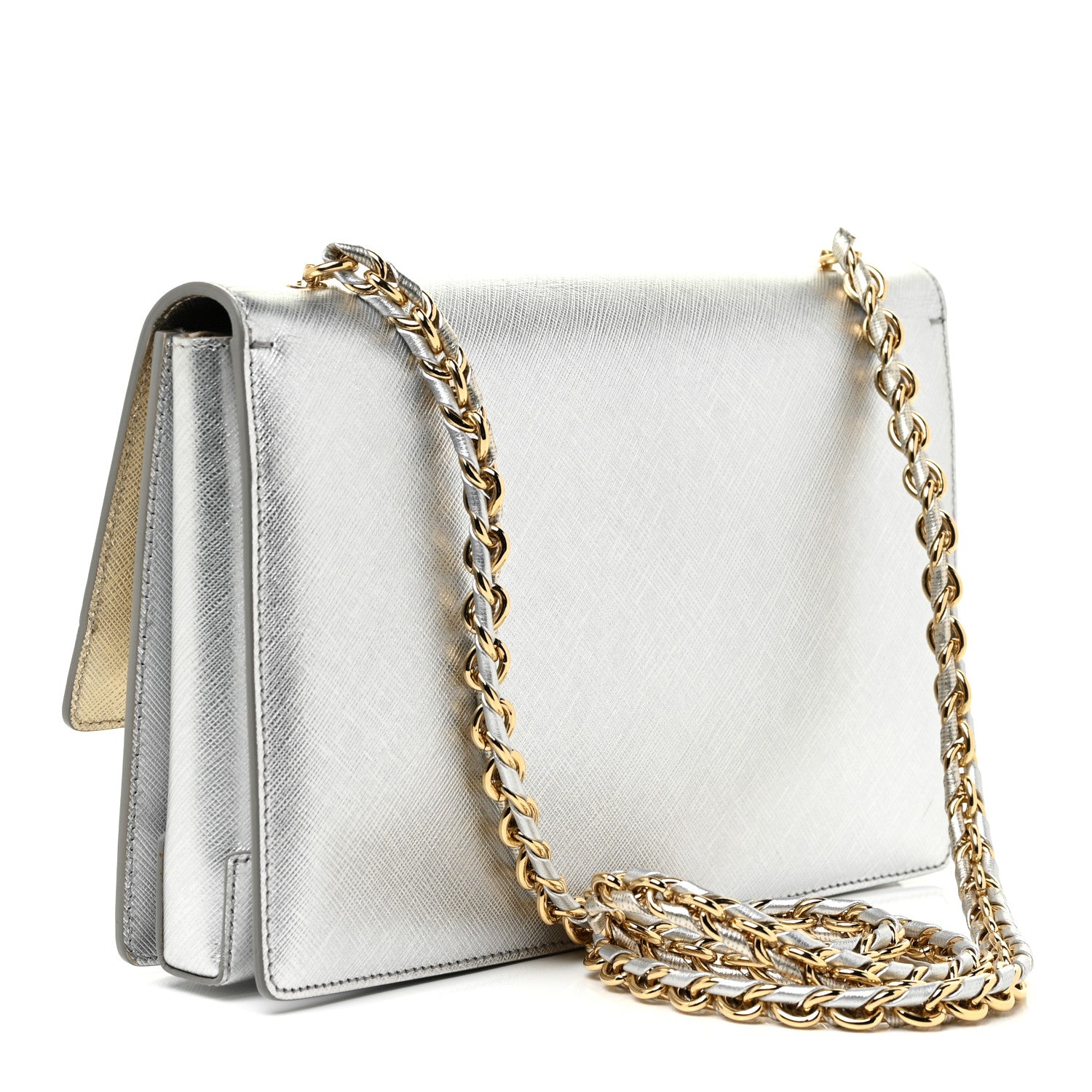 Salvatore Ferragamo Metallic Hammered Calfskin Vara Bow Chain Flap Crossbody Silver Gold 4 of 23