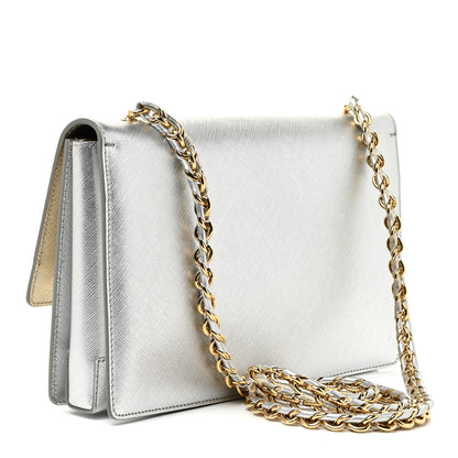 Salvatore Ferragamo Metallic Hammered Calfskin Vara Bow Chain Flap Crossbody Silver Gold 4 of 23