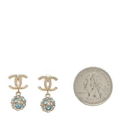 Chanel Crystal CC Ball Drop Earrings Gold Blue 2 of 5