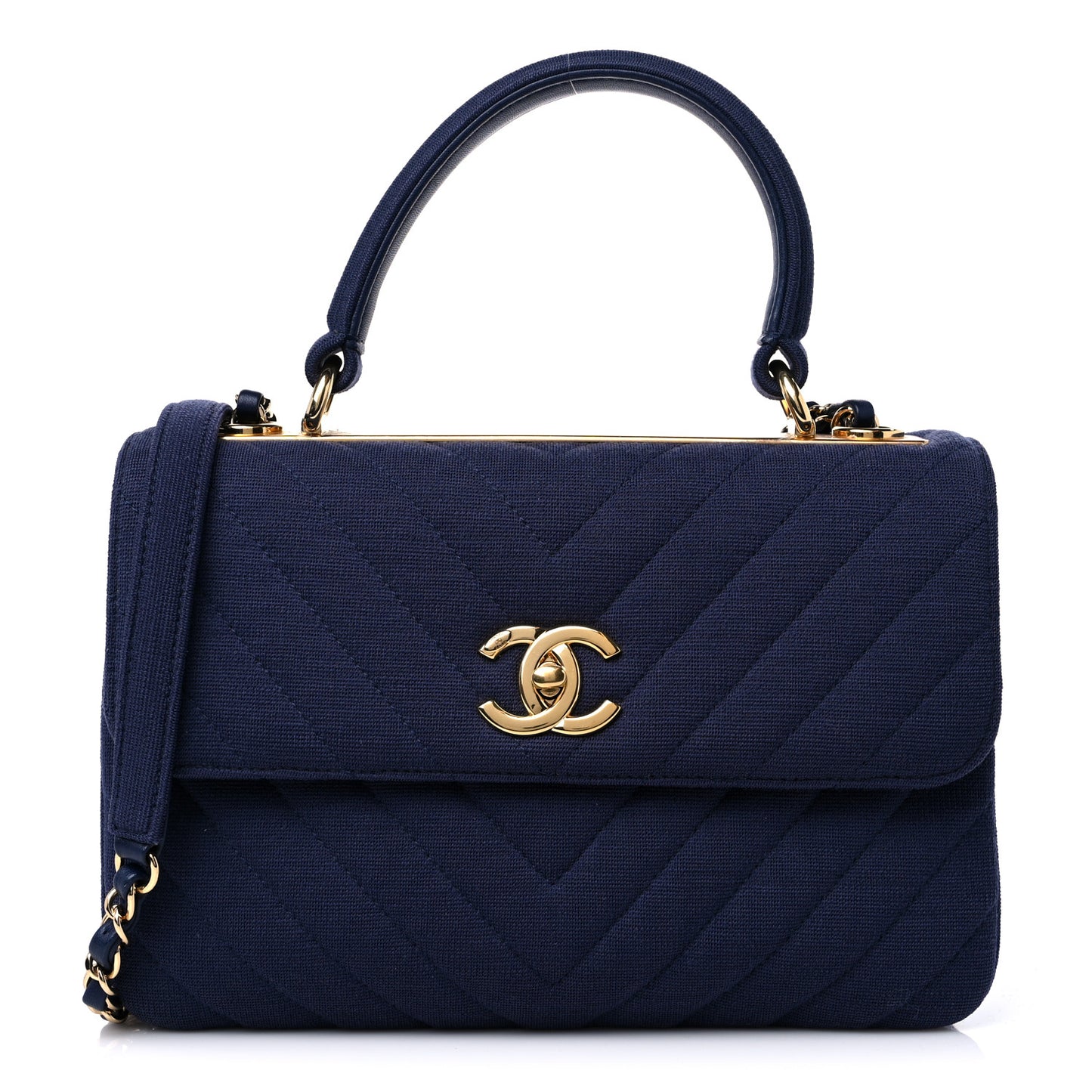 Jersey Chevron Quilted Small Trendy CC Dual Handle Flap Bag Navy Blue