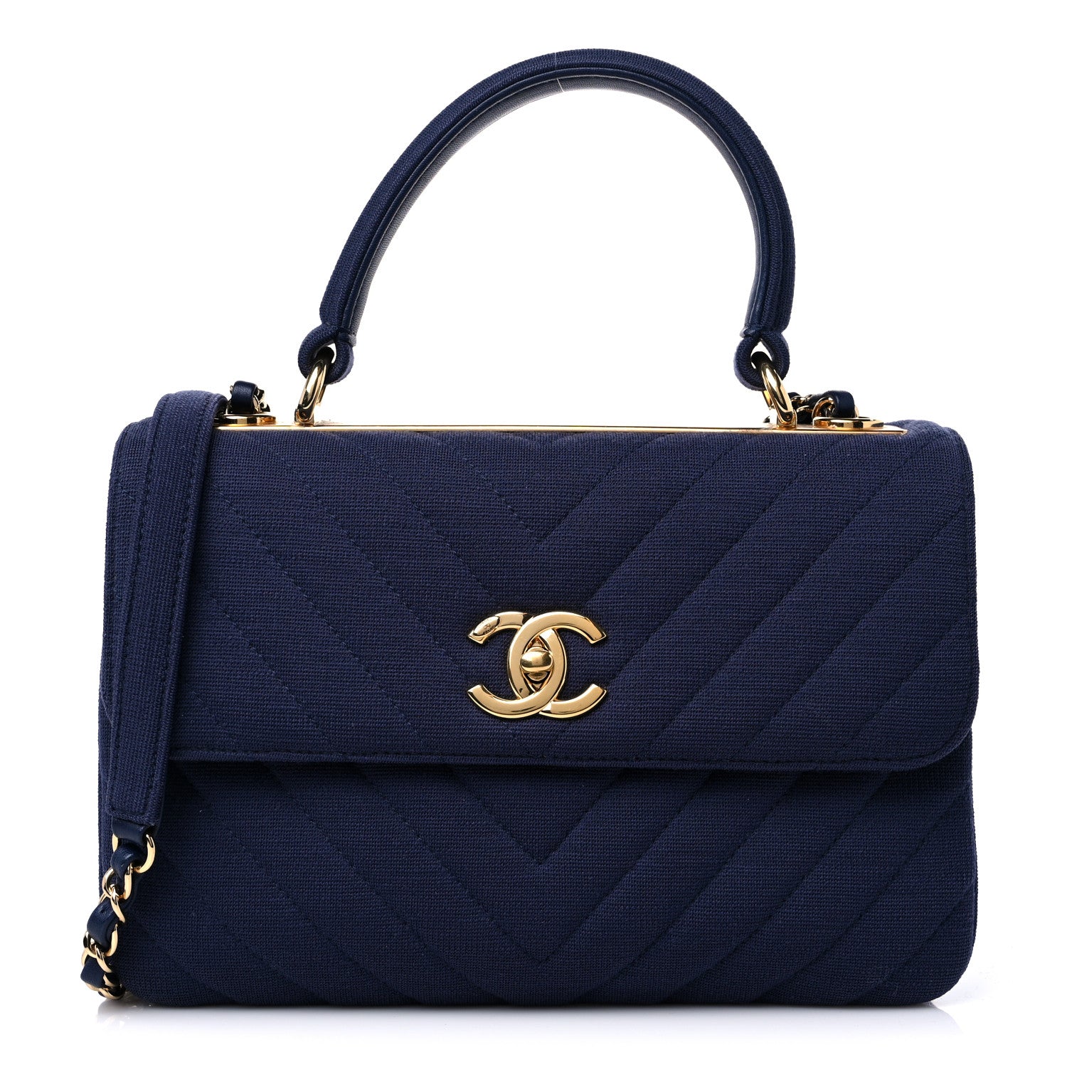 Chanel Jersey Chevron Quilted Small Trendy CC Dual Handle Flap Bag Navy Blue 1 of 10