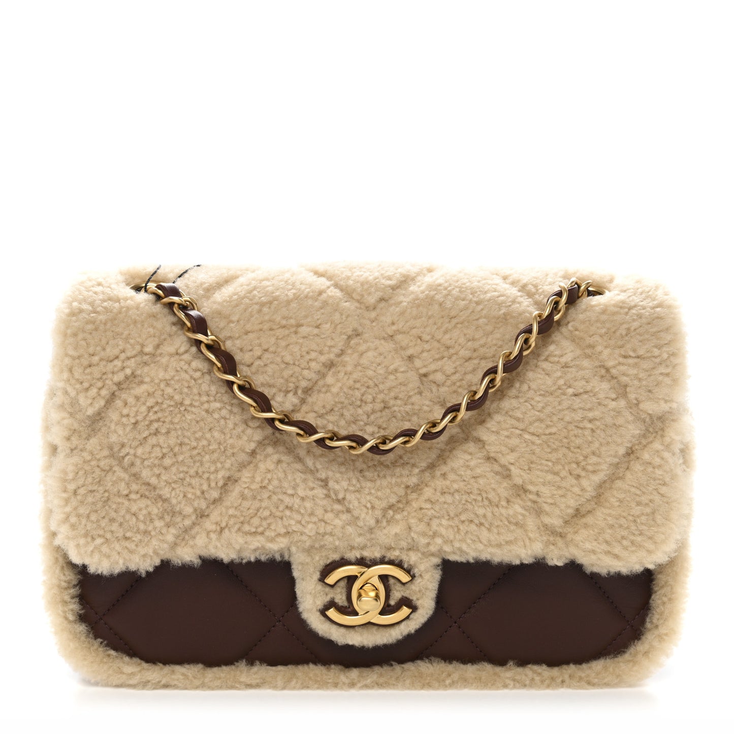 Shearling Lambskin Quilted Furry Coco Flap Beige Dark Brown