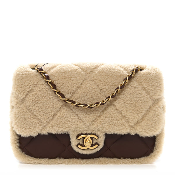 Chanel Shearling Lambskin Quilted Furry Coco Flap Beige Dark Brown
