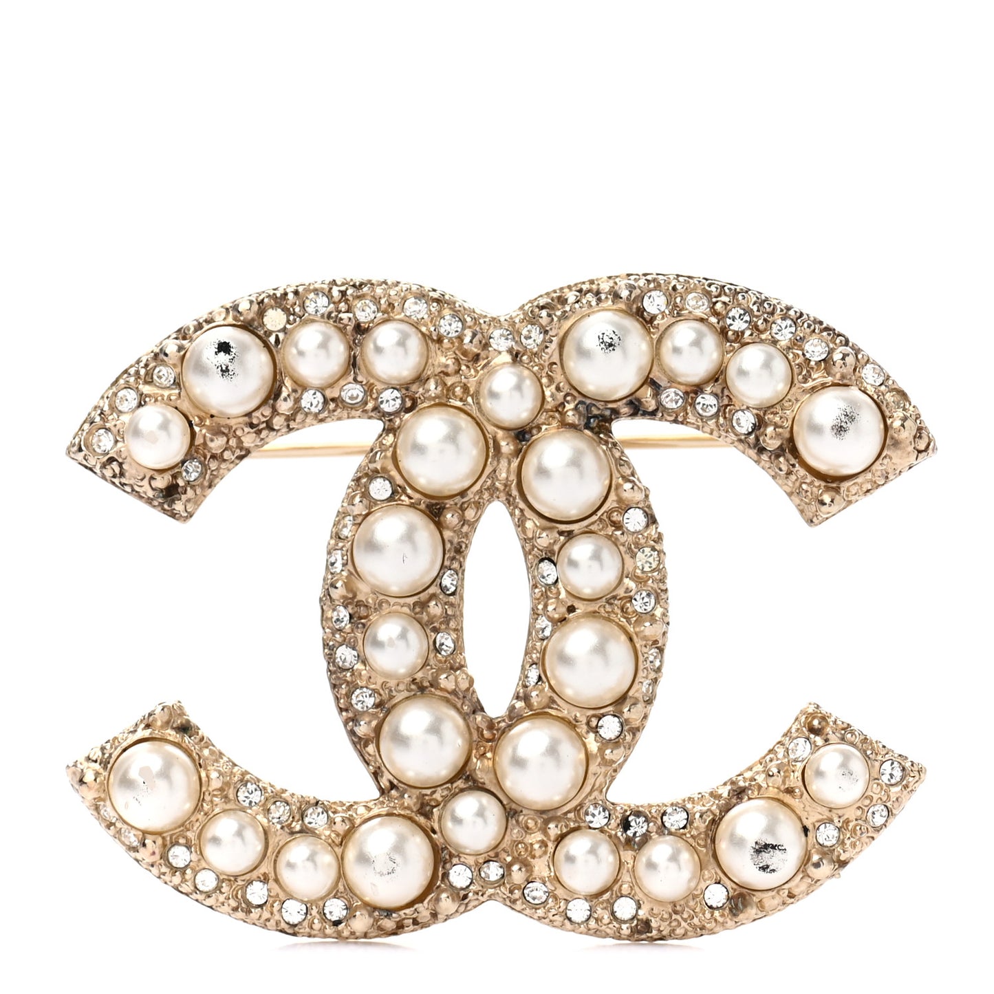 Metal Crystal Graduated Pearl CC Brooch Gold
