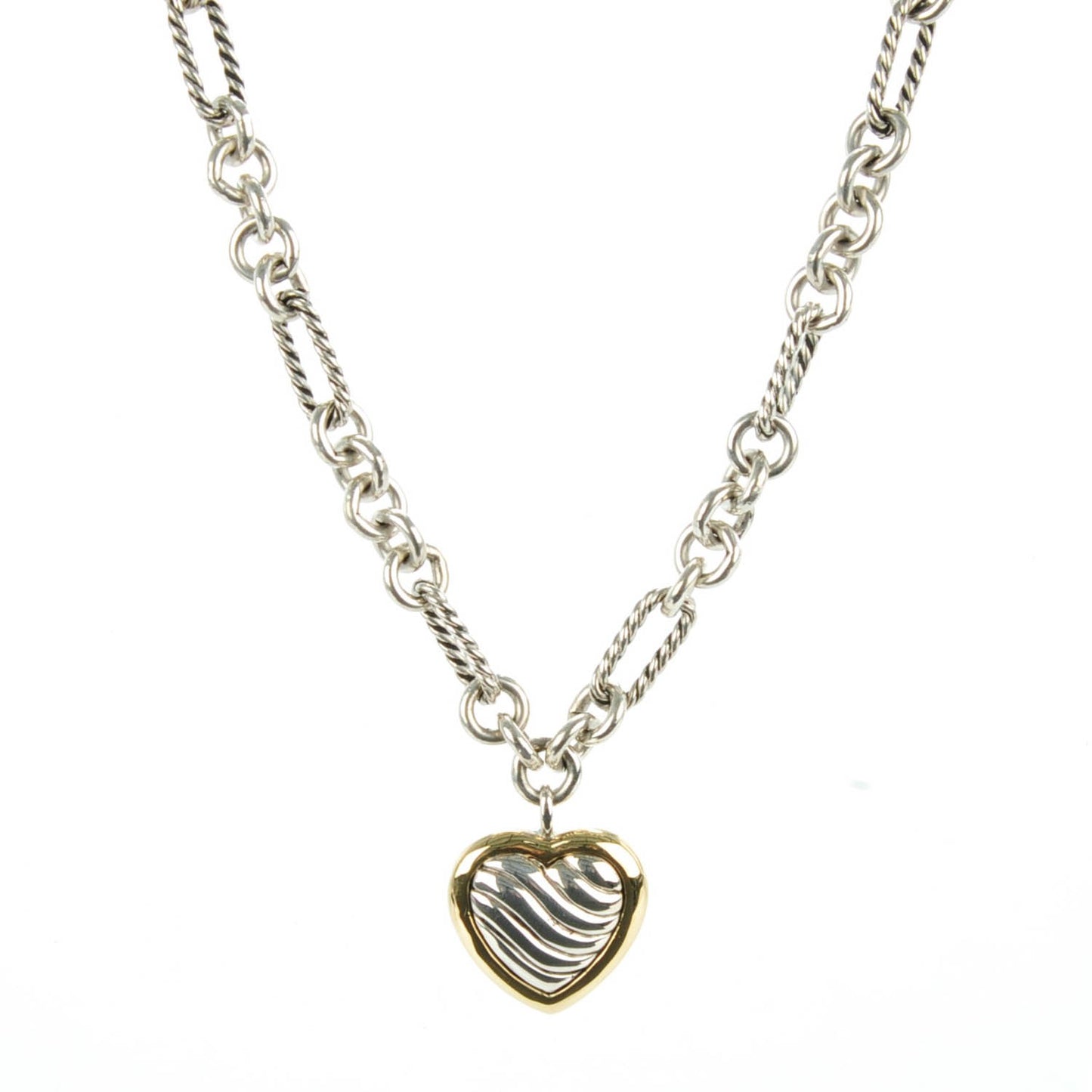 Sterling Silver 18K Yellow Gold Cable Heart Figaro Necklace