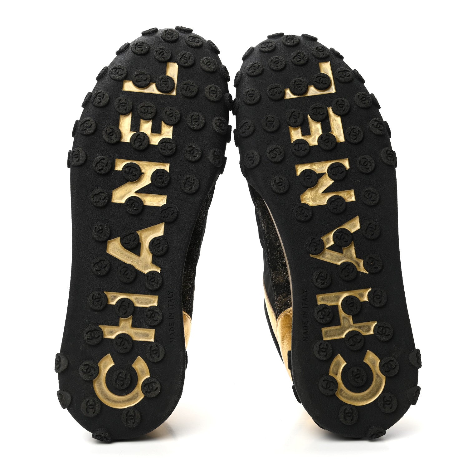 Chanel Metallic Lambskin Satin Finish Womens CC Sneakers 37.5 Black Gold 5 of 8
