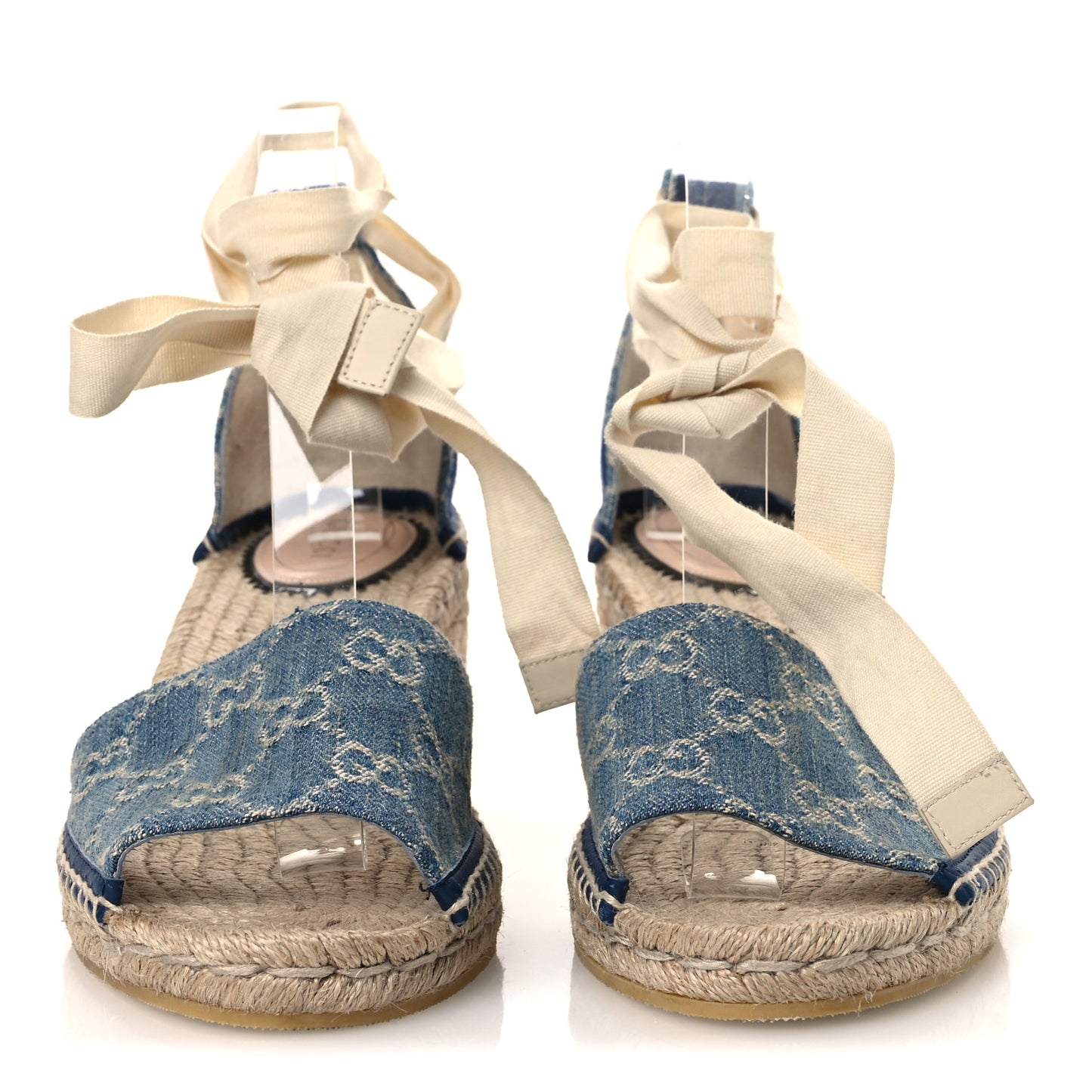 New Denim GG Monogram Pilar Ankle Wrap Espadrille Wedge Sandals 41 Light Blue