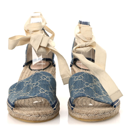 Gucci New Denim GG Monogram Pilar Ankle Wrap Espadrille Wedge Sandals 41 Light Blue 3 of 10