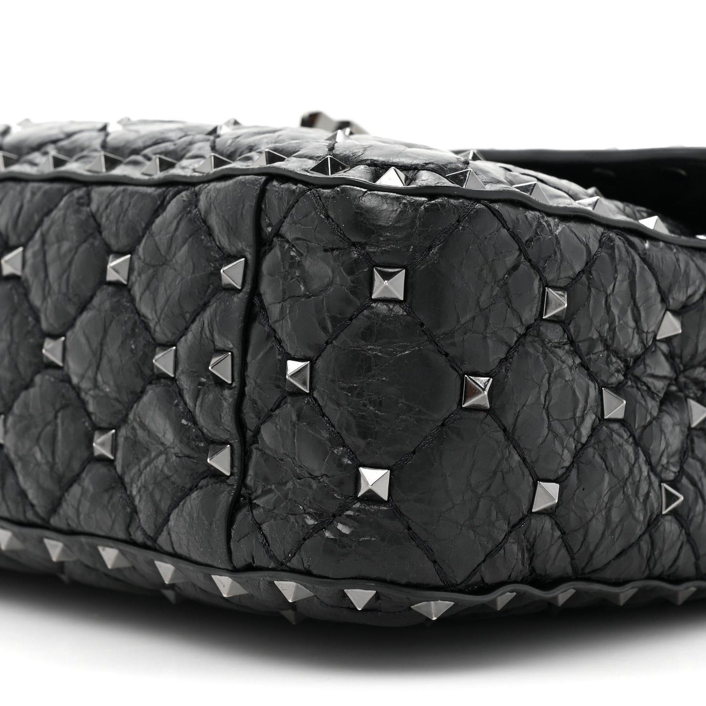 Craquele Nappa Medium Rockstud Spike Shoulder Bag Black