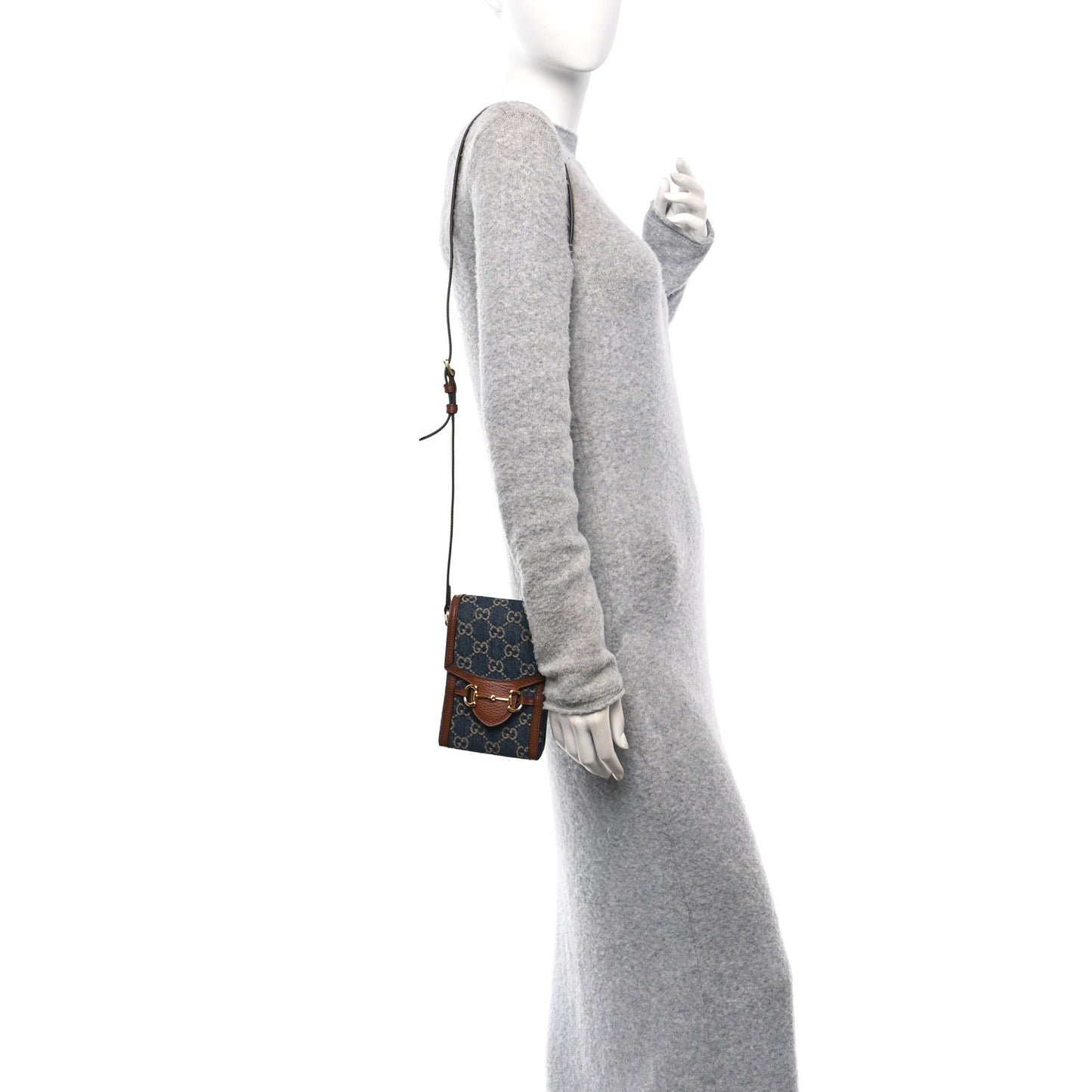 New Denim GG Monogram Dollar Calfskin Mini Horsebit 1955 Crossbody Bag Blue Tea Cuir Epilog