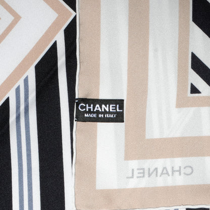 Chanel Silk Camellia Stripe CC Scarf Beige Black 4 of 5