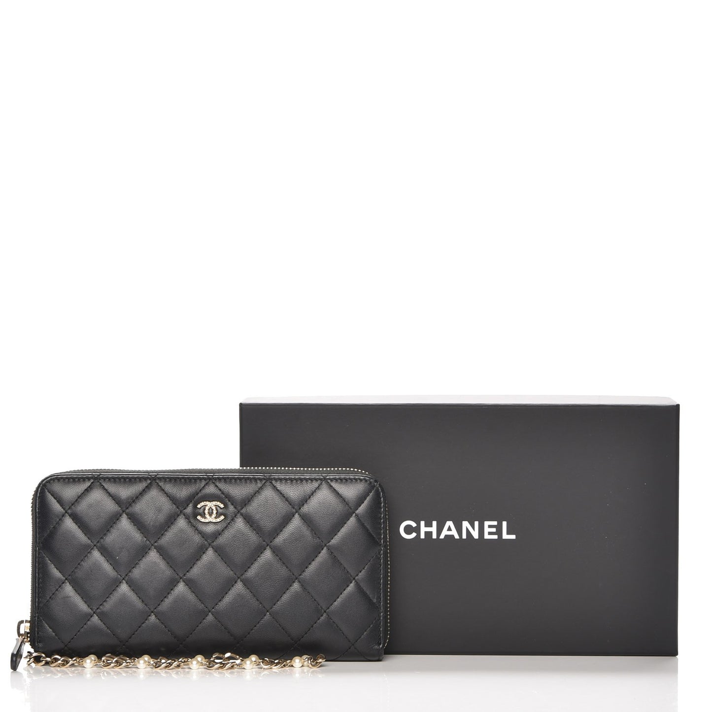 Lambskin Quilted Pearl Chain Wrist Wallet Black