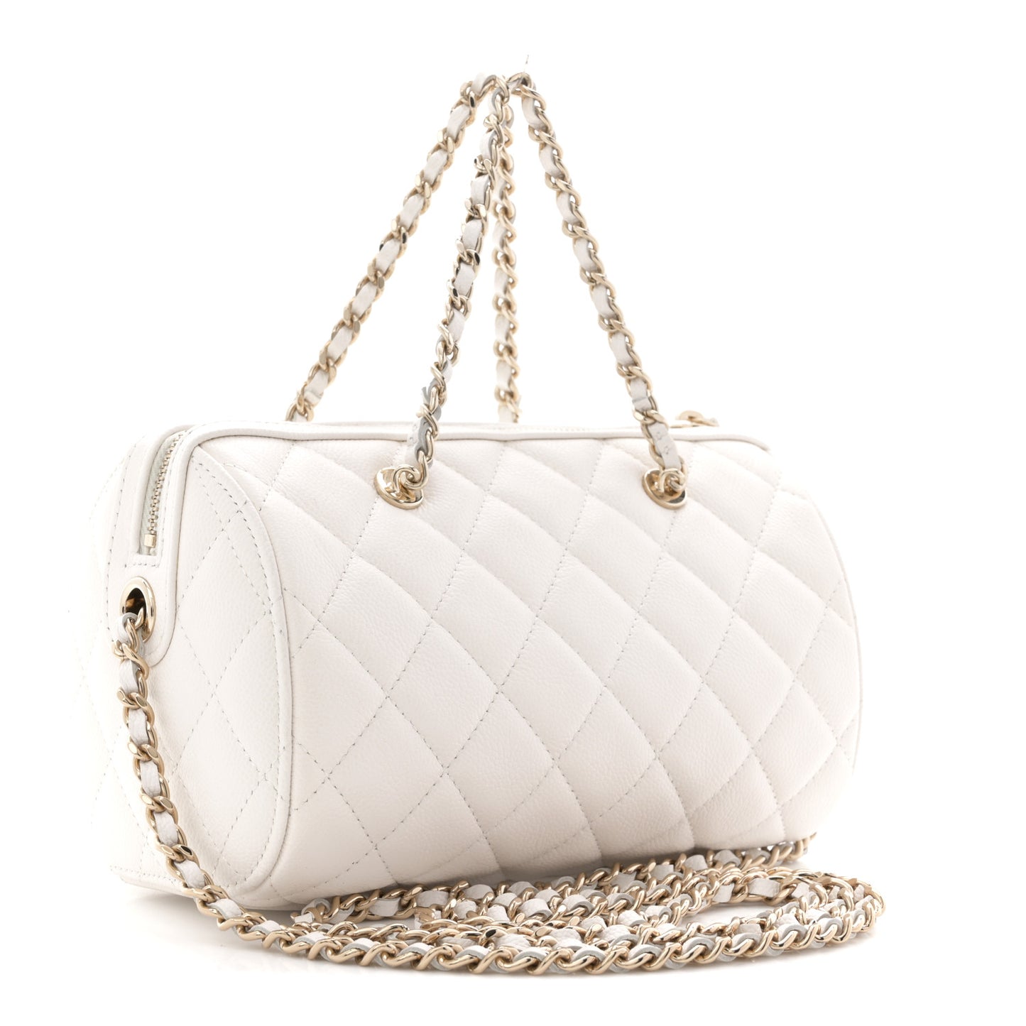 Caviar Quilted Barrel Clutch With Chain White