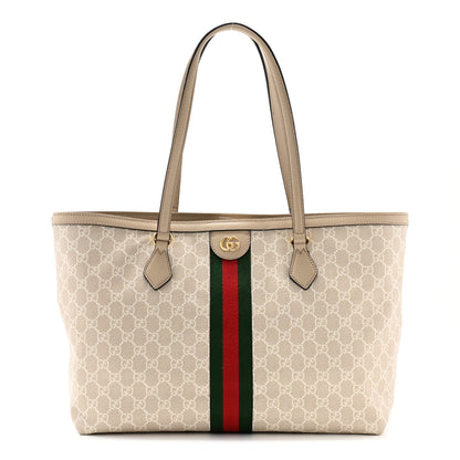 Gucci GG Supreme Monogram Textured Dollar Calfskin Web Medium Ophidia Shopping Tote Beige Mystic White Oatmeal 1 of 10