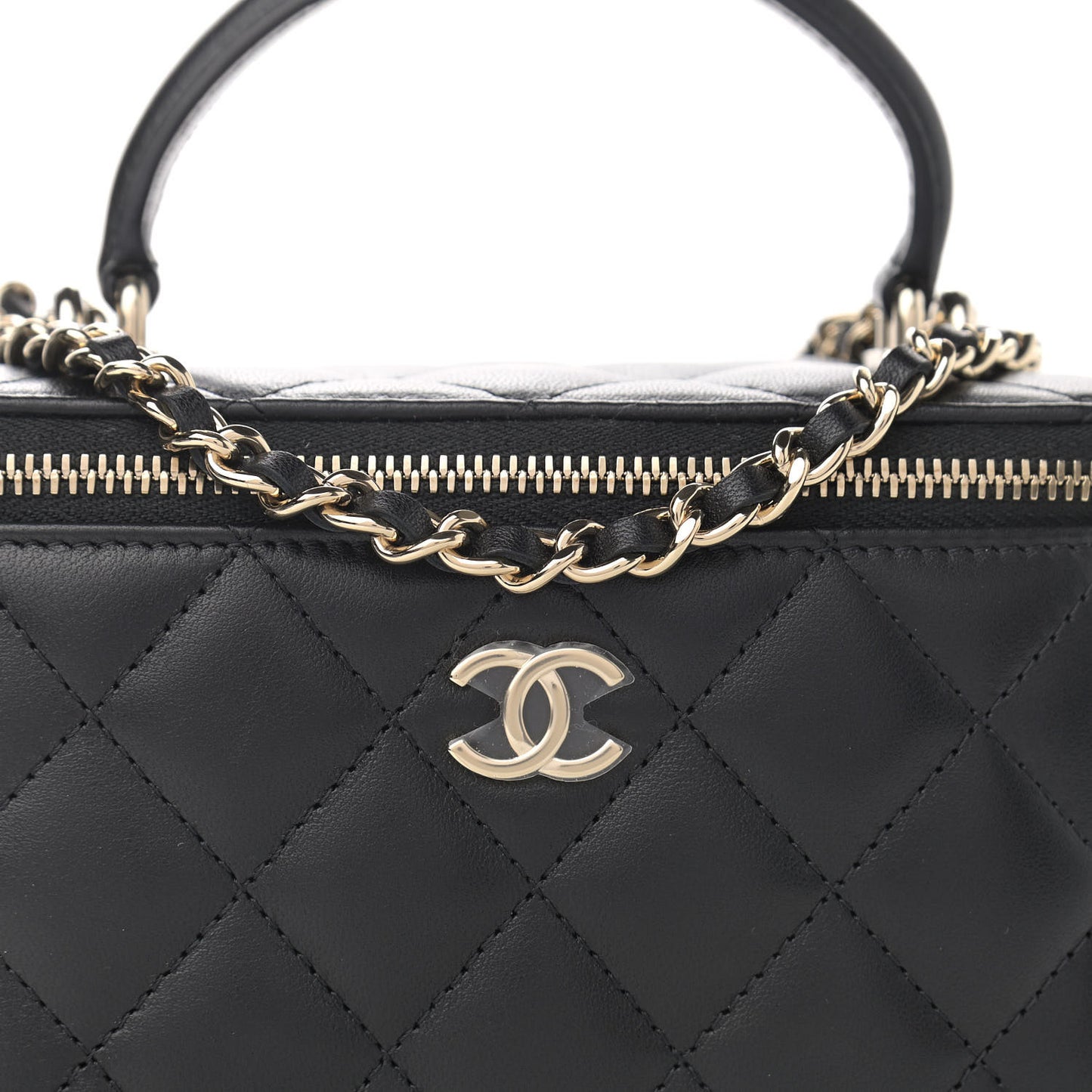 Lambskin Quilted Small Top Handle Vanity Case With Chain Black
