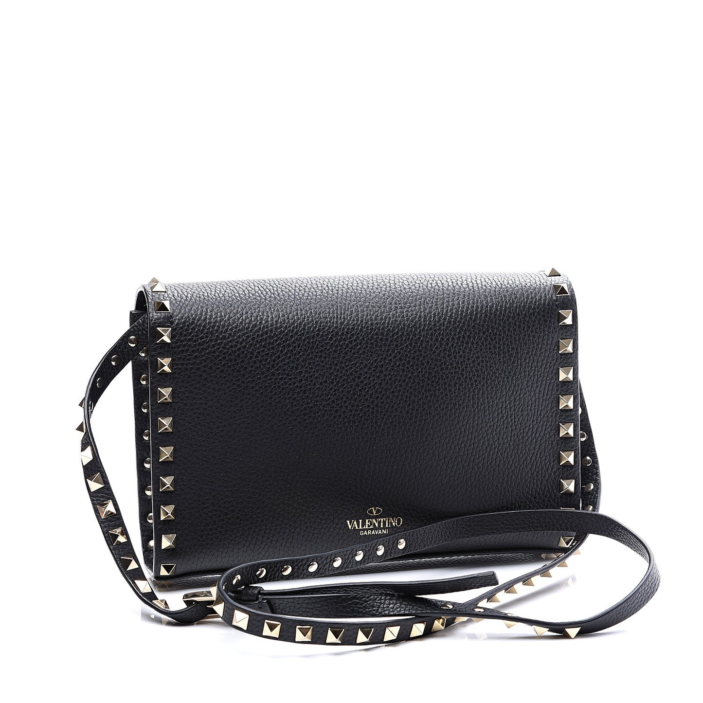 Pebbled Calfskin Medium Rockstud Flip Lock Crossbody Bag Black
