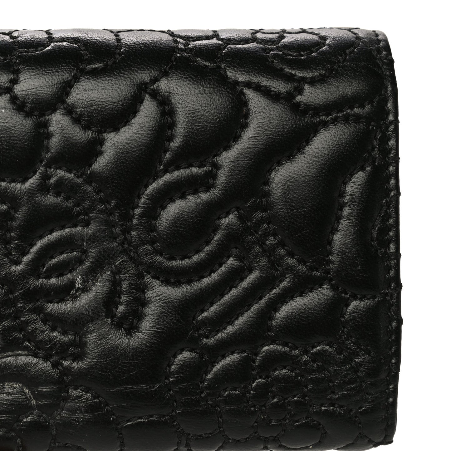 Lambskin Camellia Embossed Small Wallet Black